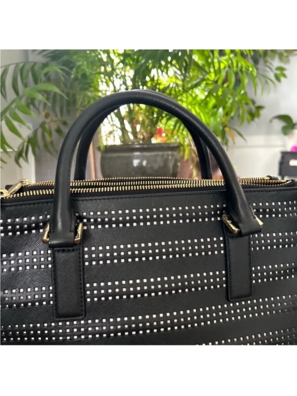 Tory Burch Black Perforated Leather Tote with Gold Logo